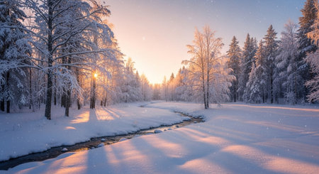 Winter landscape with snow covered trees and river flowingの写真素材