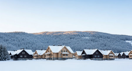 Winter wonderland: snowy village surrounded by an evergreen forest