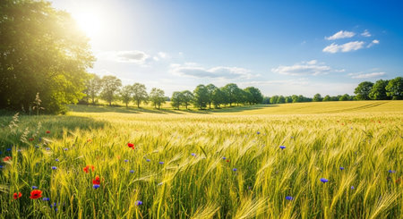 Golden wheat field with wildflowers and blue sky backdropの写真素材