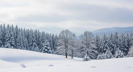 Winter landscape with snow-covered trees and mountains