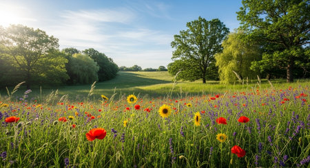 Vibrant wildflower meadow landscape under a sunny blue skyの写真素材