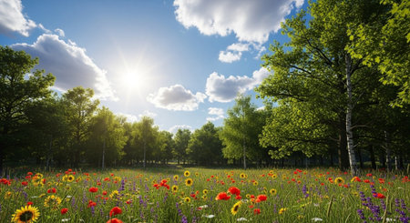 Sunlit meadow with colorful wildflowers and forest background sceneの写真素材
