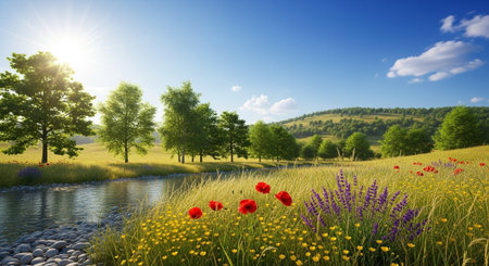 Idyllic summer landscape featuring wildflowers, stream, and rolling hillsの写真素材