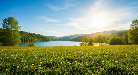 Scenic landscape with field of wildflowers and lake viewの写真素材