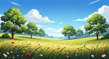 Scenic landscape with trees and flowers in vibrant meadowの写真素材