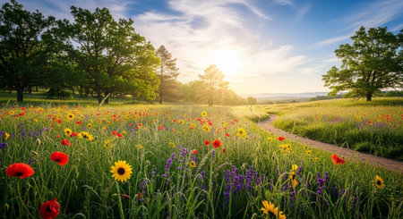 Scenic flower field under bright sky on sunny dayの写真素材