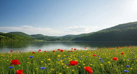 Idyllic lake landscape with wildflowers under a clear skyの写真素材