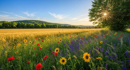 Golden wheat field with wildflowers and sunset light