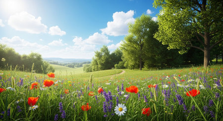 Scenic meadow with wildflowers under a sunny blue skyの写真素材