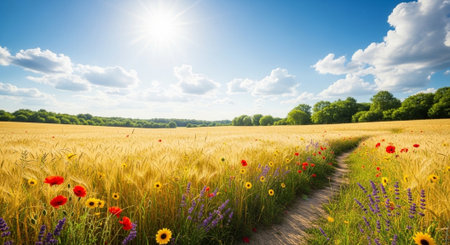 Golden wheat field with flowers under a blue skyの写真素材