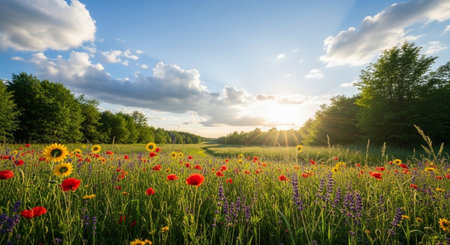 Scenic wildflower meadow with sunflowers, poppies and radiant sunの写真素材