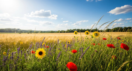 Summer meadow wildflowers with grain field on sunny dayの写真素材
