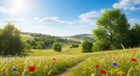 Idyllic meadow with wildflowers and trees under blue skyの写真素材