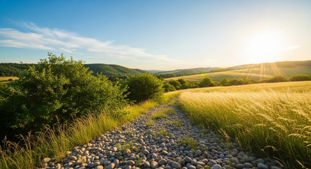 Scenic countryside landscape with path and golden wheat field
