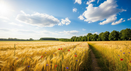 Golden wheat field with flowers under a blue skyの写真素材