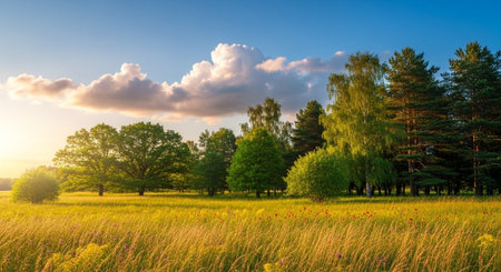 Tranquil Meadow Landscape with Trees and Golden Sunlight