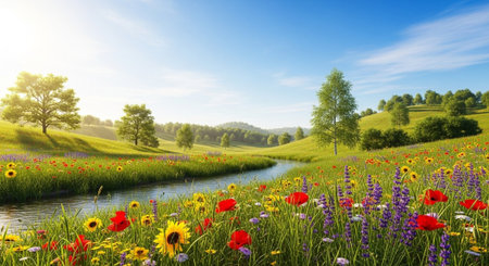 Vibrant wildflower meadow and river landscape under blue skyの写真素材