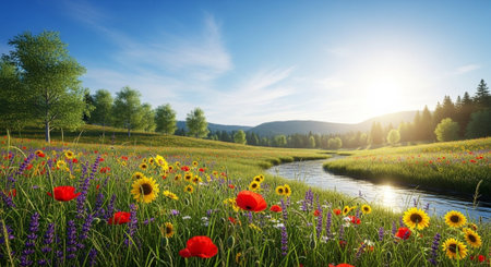 Scenic river meadow landscape with wildflowers and sunshineの写真素材