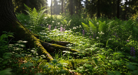 Sunlit Forest Floor with Ferns and Mossy Tree Root