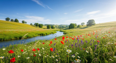 Idyllic meadow landscape with stream and vibrant wildflowers