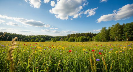 Colorful wildflowers blooming in a field under blue skyの写真素材