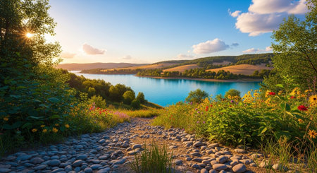 Scenic lake view with colorful wildflowers and a pathの写真素材