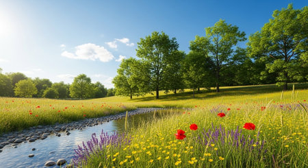 Scenic meadow with stream under a sunny sky backdropの写真素材