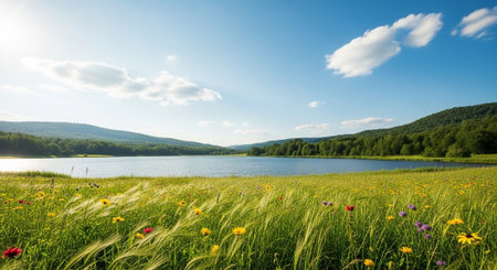 Serene lake surrounded by wildflowers and rolling hills