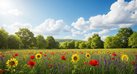 Bright field of wildflowers on a sunny summer dayの写真素材
