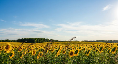Vibrant sunflower field under a bright blue summer skyの写真素材
