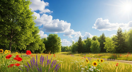 Lush meadow with wildflowers and sunny sky background imageの写真素材