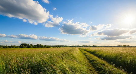 Summer meadow with path and blue sky landscape scene