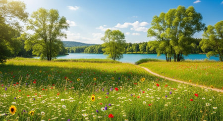 Lush meadow with vibrant wildflowers by a tranquil lake