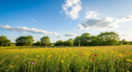 Vibrant wildflower meadow under a clear blue sky