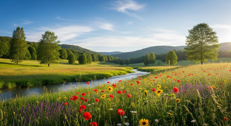 Serene river flows through vibrant wildflower meadow at sunrise
