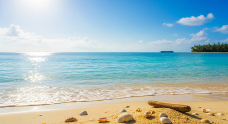 Tropical beach scene with seashells and turquoise sea water