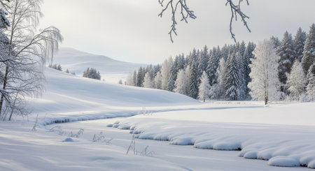 Snowy landscape with frozen river and frosted forest treesの写真素材