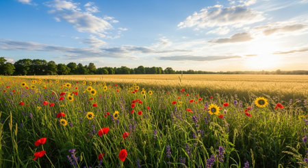 Golden wheat field with sunflowers, poppies and blue sky