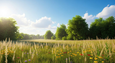 Scenic meadow with wildflowers and trees on sunny dayの写真素材