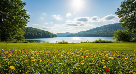 Picturesque landscape featuring wildflowers meadow, lake, and distant mountainsの写真素材
