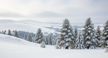 Snowy mountain landscape with evergreen trees under overcast skyの写真素材