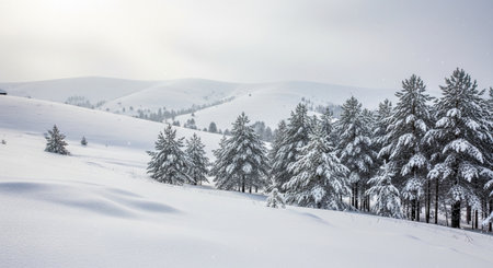 Snowy Pine Trees and Rolling Hills Winter Landscape