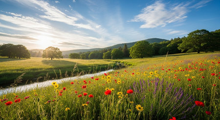 Scenic Meadow Landscape with Wildflowers and Stream at Sunset