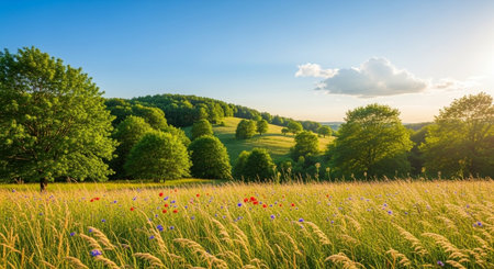 Scenic meadow landscape with wildflowers and rolling green hills