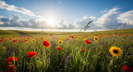 Wildflower meadow landscape on a sunny spring day