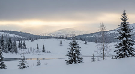 Winter landscape with snow covered trees and soft light