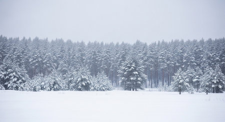 Winter forest scene with snow-covered trees and meadow