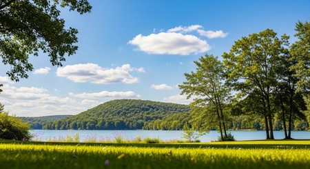 Scenic lake landscape with grassy foreground and cloudy skyの写真素材
