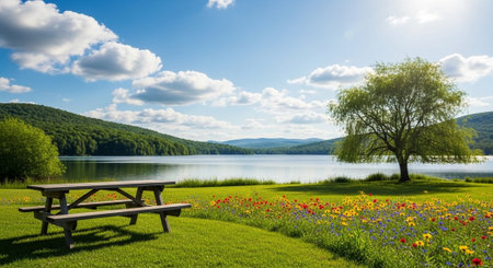 Idyllic picnic scene by a lake in the countrysideの写真素材