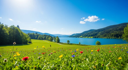 Idyllic alpine lake landscape with wildflower meadow in summer